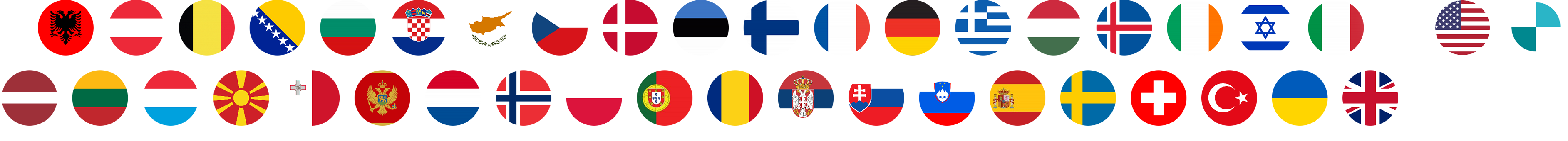 Country flags of all participating countries in a 2x12 grid