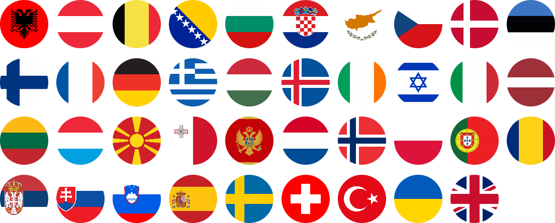 Country flags of all participating countries in a 4x6 grid